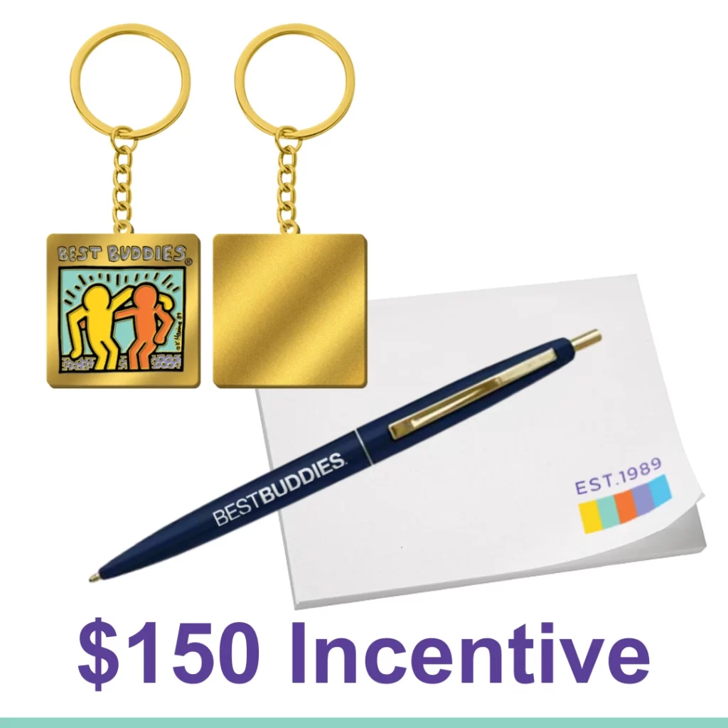 $150 Incentive. Party Starter Pack, Est. 1989 Post-It Note Pad, Retro-Inspired Best Buddies Ballpoint Pen, Gold Haring Logo Keychain